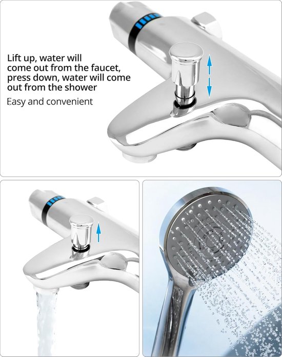 Gebruik van de chroom thermostaatkraan: knop omhoog/omlaag voor wateruitgang, douchekop met waterstraal.