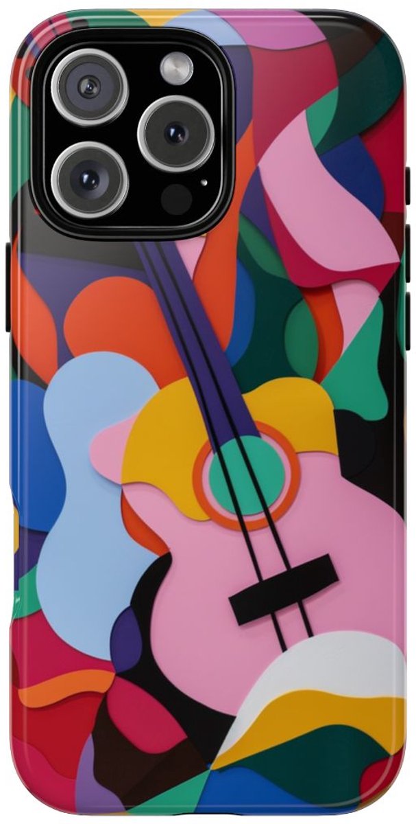 Kleurrijke Abstracte Gitaar – Glanzend Stevig Hoesje Geschikt voor iPhone 16 Pro Max