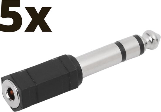 Een 6.35mm naar 3.5mm audio adapter, zilverkleurig met zwart handvat, met '5x' tekst ernaast.