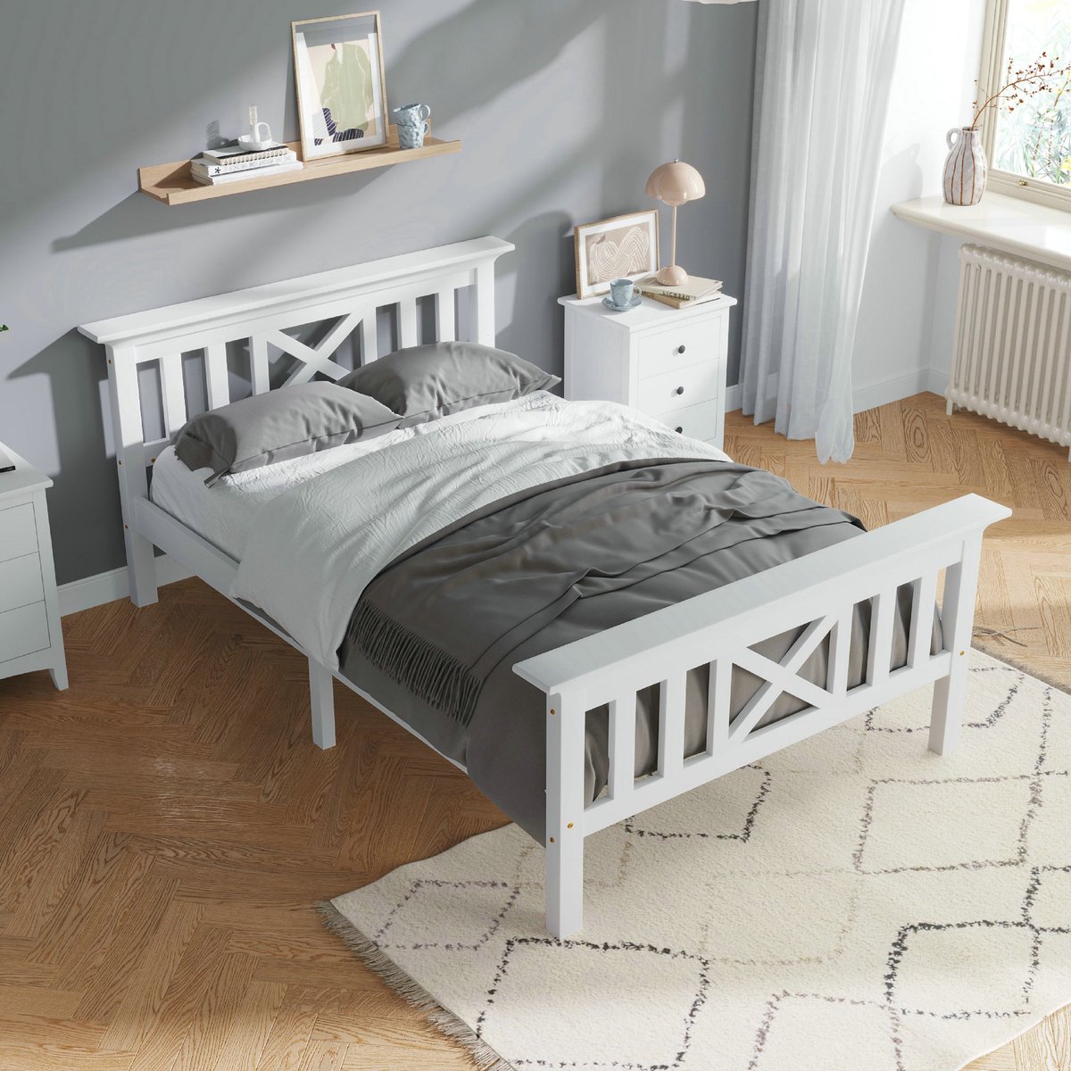 VVBV Eenpersoonsbed 90x200 cm met lattenbodem en hoofdbord, kinderbed, tienerbed, massief grenen bedframe, wit(Matras niet inbegrepen)