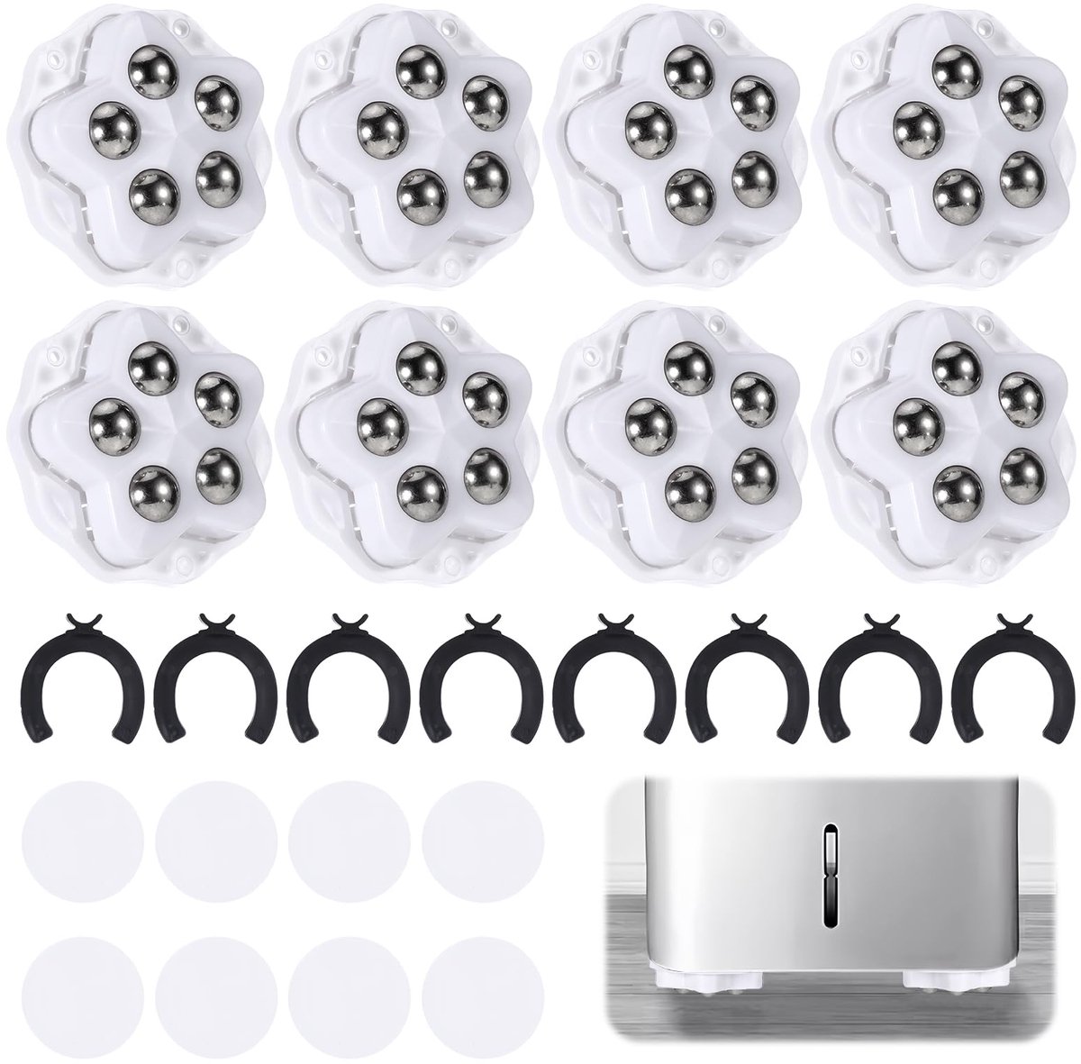 Verpakking van 8 kleine meubelwielen, vlakke meubelwielen, kogelwielen voor meubels, zwarte kogelwielen, met klemvrije, schokabsorberende stickers, draagvermogen 100 kg, universele 360 graden wielen (wit)