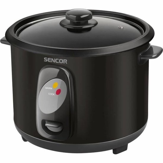 Zwarte Sencor rijstkoker met gesloten glazen deksel en bedieningspaneel.