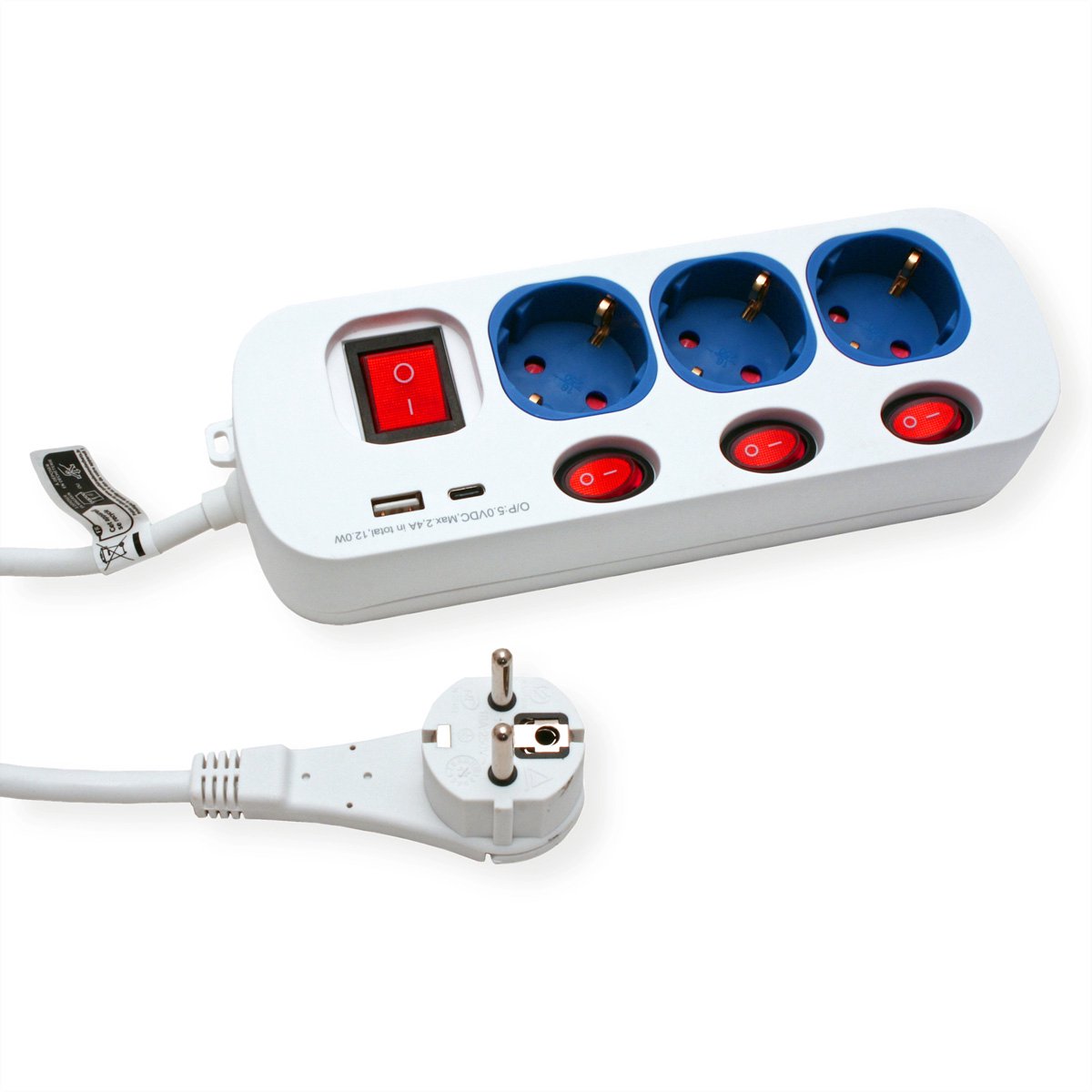 ROLINE 3-voudige stekkerdoos met schakelaar, USB oplader A+C, 3 m