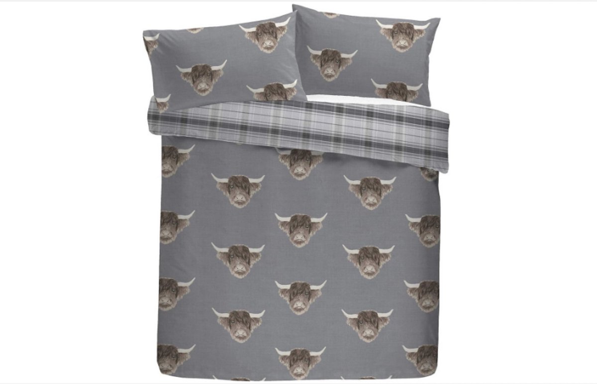 WNHB® Dekbedovertrek Highland Cow – 200x200 cm Tweepersoons Beddengoed – Omkeerbaar Grijs Tartan Design – Schotse Hooglander Dekbedset