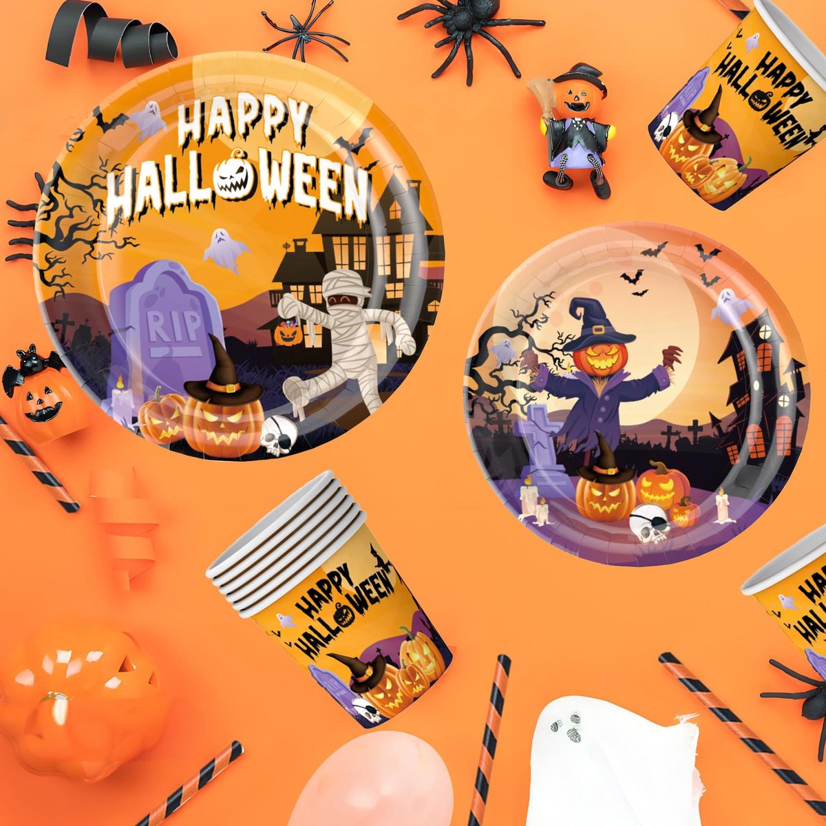 Ibenzoa® Uitgebreide Halloween Feestservies Set voor 10 Personen met Decoratieve Borden, Bekers en Rietjes