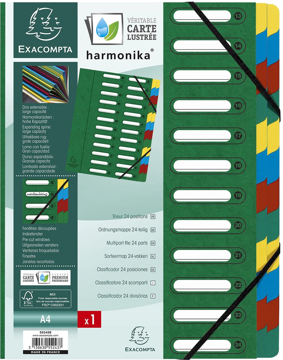 Exacompta Sorteermap HARMONIKA® met uitrekbare rug en uitgesneden vensters - 24 indelingen - Groen - 55243E