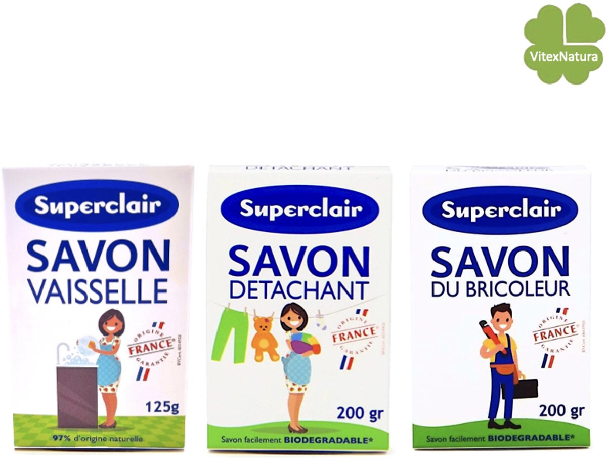 Bicarbonaat zepen | 2x200g vlekken oploszepen voor in en om het huis | 125g afwasmiddel zeepstuk | 97% ingrediënten van natuurlijke oorsprong | Superclair