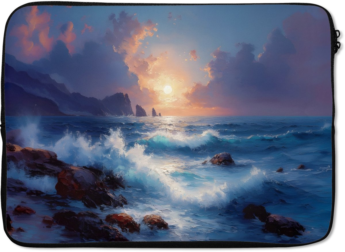Laptophoes 14 inch - Golven - Zee - Kleurrijk - Rotsen - Laptop sleeve - Binnenmaat 33x23 cm - Zwarte achterkant