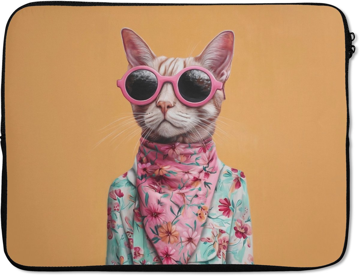 Laptophoes 17 inch - Zonnebril - Kat - Sjaal - Bloemen - Laptop sleeve - Binnenmaat 41x28 cm - Zwarte achterkant