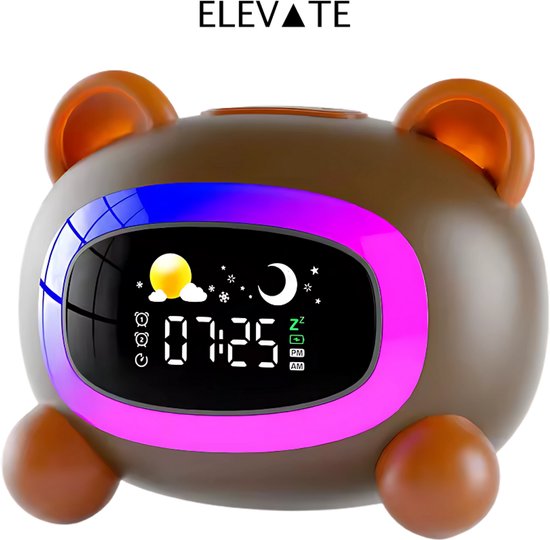 ELEVATE Slaaptrainer Kind – Wekker Kinderen met Nachtlampje & Geluiden – Digitale Slaapwekker Peuter – Beer Design – Oplaadbaar via USB-C