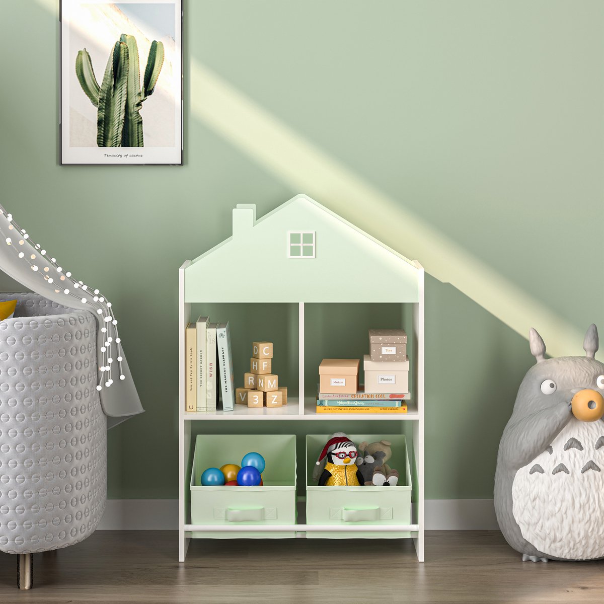 Étagère Pour Enfants Forme De Maison Vert Menthe - Meuble Rangement Jouets Avec Boîtes Pliantes 90x60x27 Cm