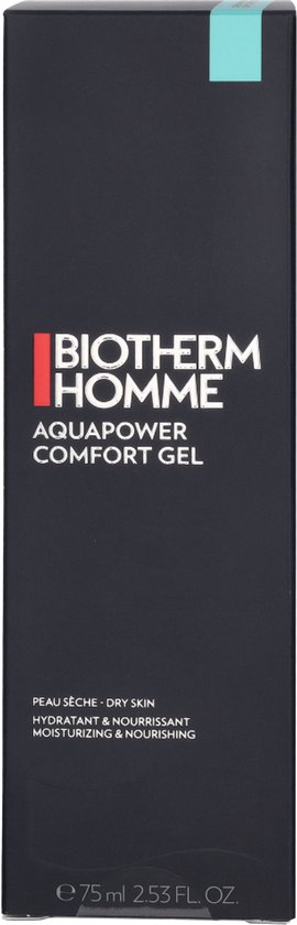 Zwarte doos met BIOTHERM HOMME Aquapower Comfort Gel in witte letters, met turquoise detail