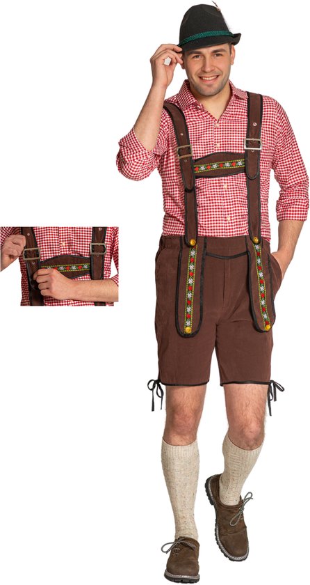 Partychimp Voordelige Korte Lederhose Man Johann met verstelbare bretels Oktoberfest Heren Lederhosen Man Carnavalskleding Heren Carnaval - Polyester - Donkerbruin - Maat L