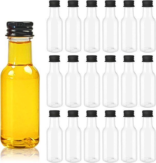 Belle Vous Mini-Drankflessen (48 Stuks) - Herbruikbare Plastic Fles van 25 ml met Zwarte Schroefdop, Vloeibare Trechter Voor Gemakkelijk Schenken, Vullen - Miniatuurflessen - Bruiloften en Feesten