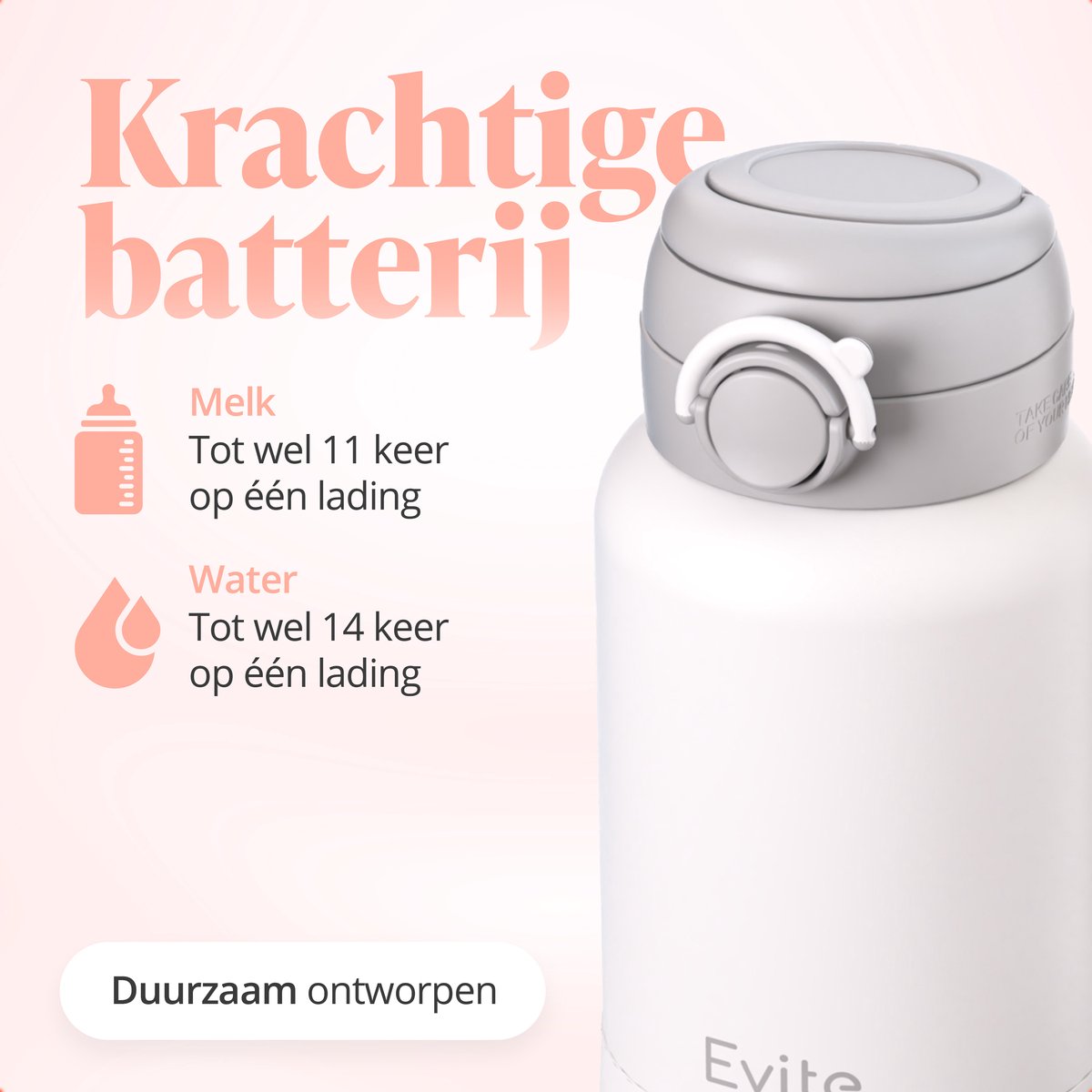 Evite Portable Bottle Warmer - Draagbare Flessenwarmer Onderweg met Borstel - Draadloos & Oplaadbaar - BPA Vrij - USB-C - 13500 mAh - 450ML - Wit thumbnail 5