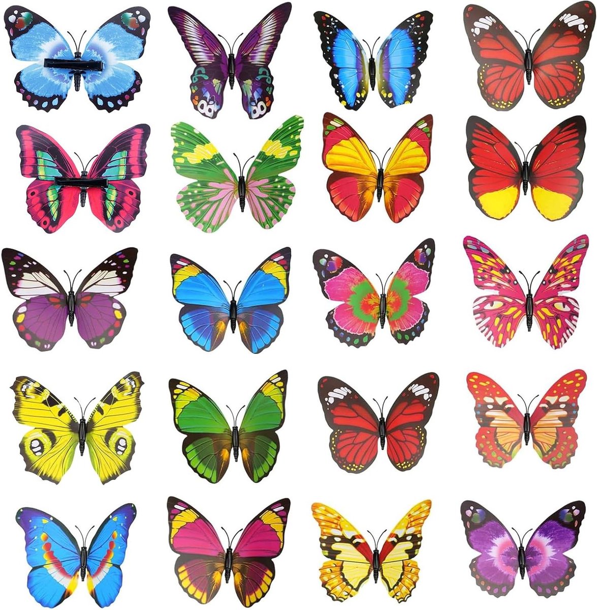 Inovra Plus - Vlinderdecoratie met clip voor lentedecoratie - Set van 20 stuks - Kunstbonte vlinders voor tuin en tafeldecoratie - Metaal - Geschikt voor takken en buiten gebruik