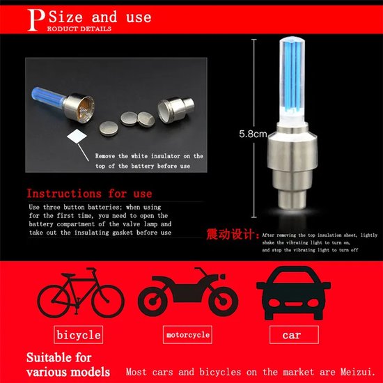 DrPhone FireFly V2 Futuristic - 2x Ventieldop met LED ROOD - Lichtsensor - Fiets Ventiel Licht voor o.a. fietsen, Mountainbikes etc — afbeelding 2