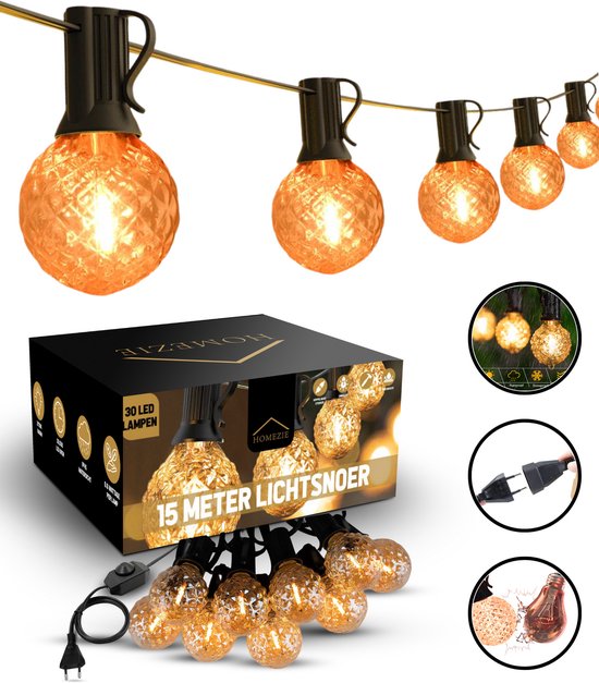 Homezie lichtsnoer van 15 meter met 30 oranje, kristalachtige LED lampen. Inclusief stekker, dimmer en verpakking.