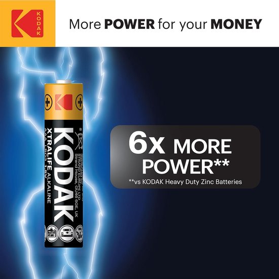 Een Kodak Xtralife AAA batterij met de tekst '6x MEER POWER'.