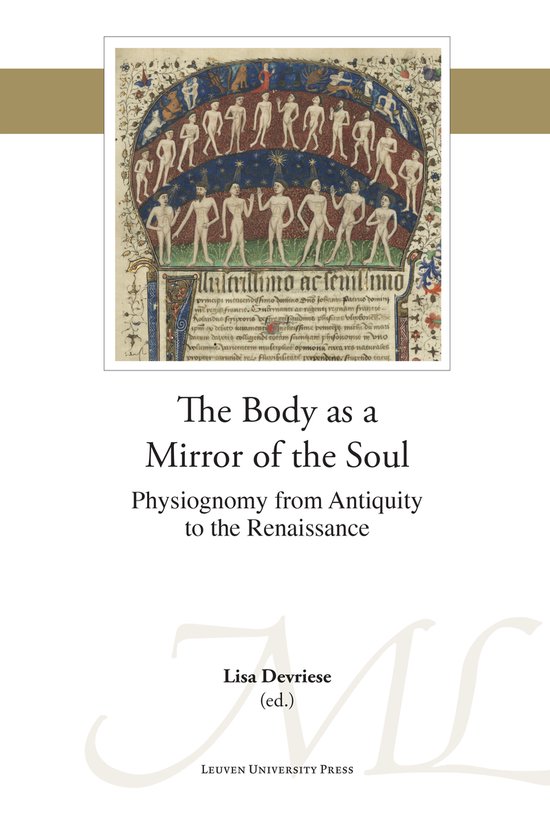 Boekomslag met middeleeuwse miniatuur van figuren in een cirkel, titel "The Body as a Mirror of the Soul" van Lisa Devriese.