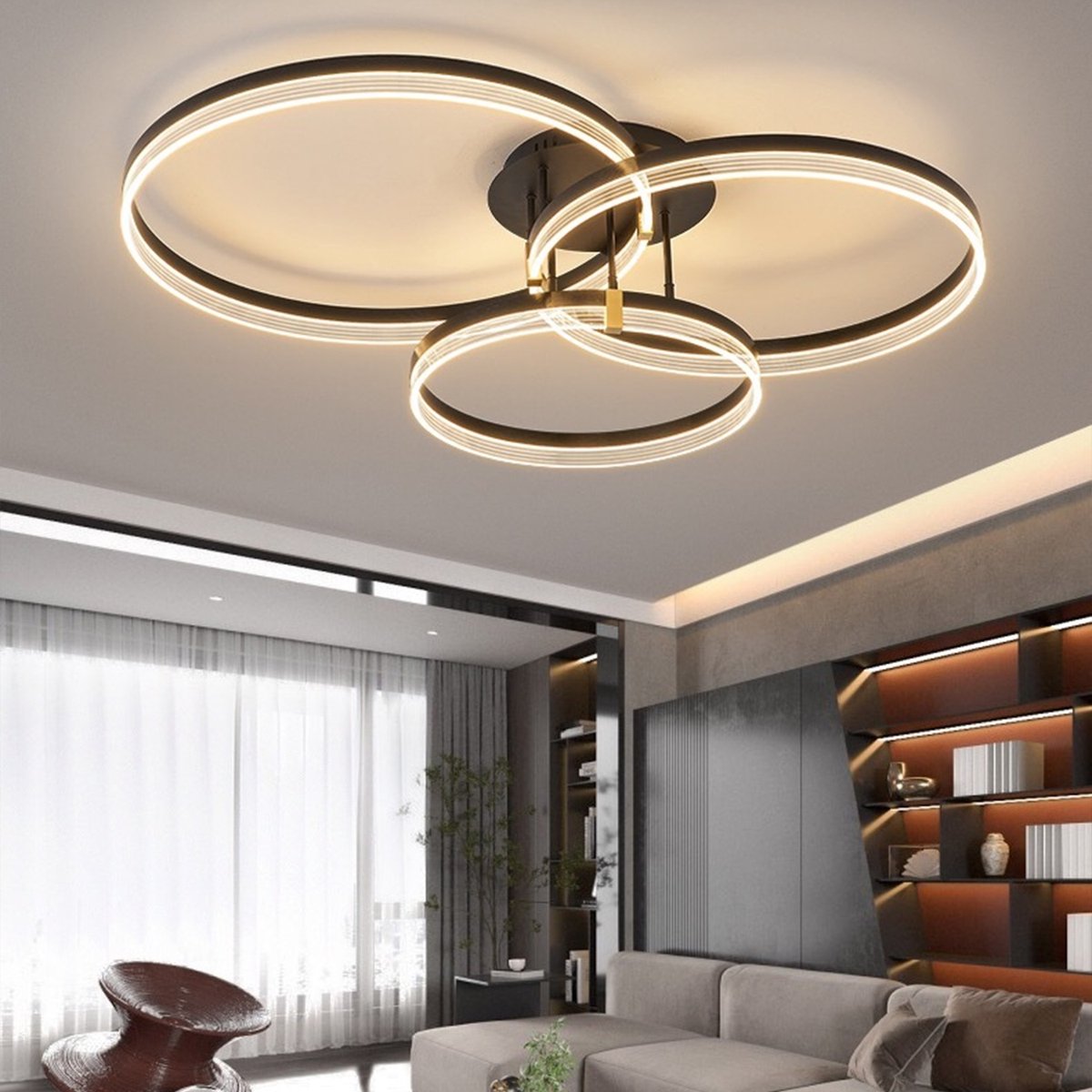 CHIWIN LED Plafondlamp – 3-Ringen Plafondlamp met Afstandsbediening – Moderne Designlamp voor Woonkamer Slaapkamer Kantoor – Ø50 cm – Zwart
