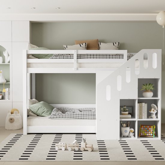 HAUSS SPOLE Stapelbed voor 2 kinderen 90x200cm - Met Trap En Lockerkasten - Kinderbed Met Rausfallschutz - Stapelbed voor Meisjes en Jongens - Massief Hout + MDF - Wit (Zonder Matras)