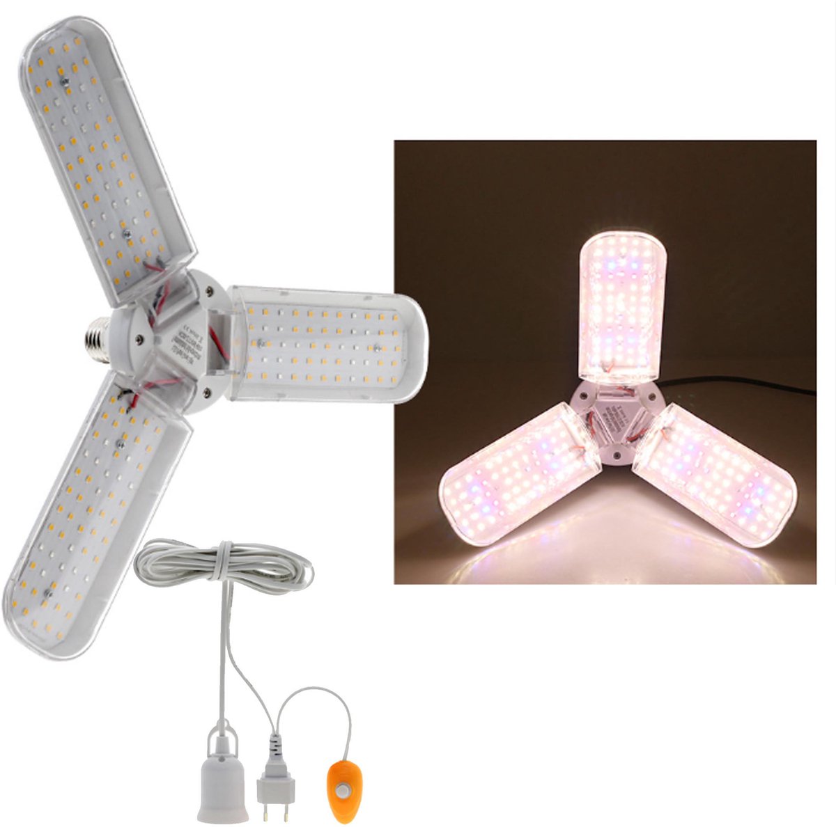 LED Plooibare Plantengroei-verlichting met Volledige Spectrum, Kasverlichting, Hanglampen en Clip Lights, 48W，4 lampkoppen，240 Leds
