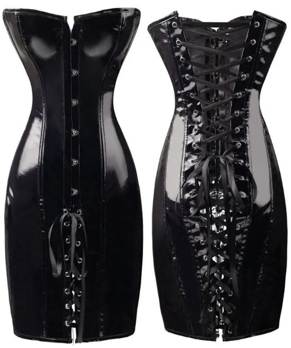 BamBella® - Erotische Jurk- Maat L/XL - met vetersluiting Zwart Rollenspel sm dames sexy Glans kleding mix van Latex en stof Datex