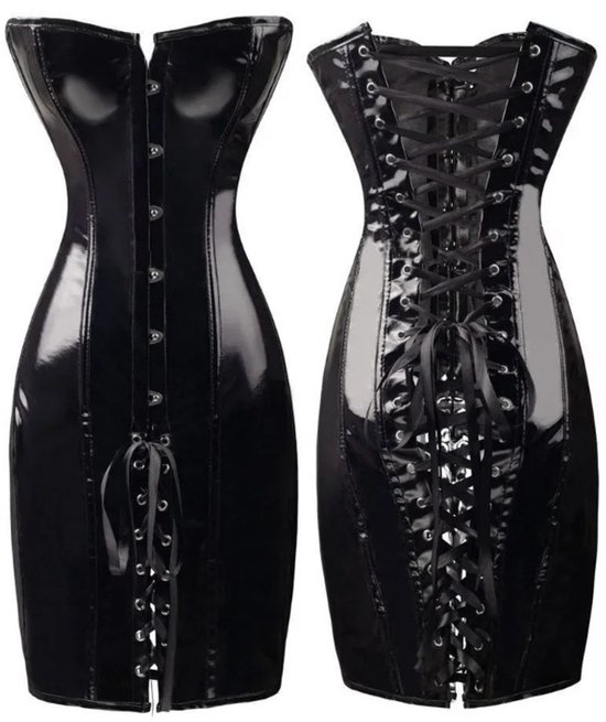 BamBella® - Erotische Jurk- Maat L/XL - met vetersluiting Zwart Rollenspel sm dames sexy Glans kleding mix van Latex en stof Datex