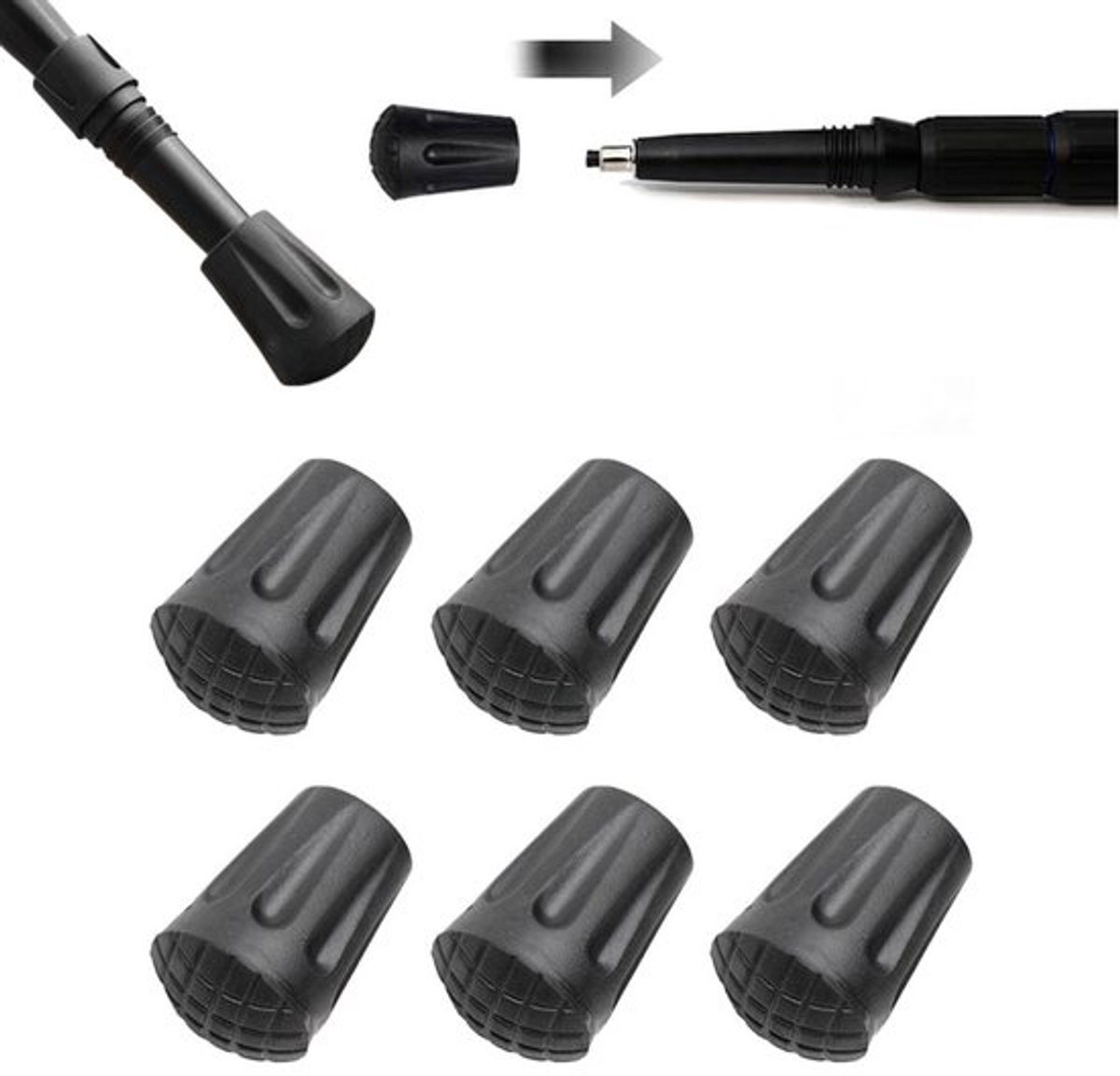 Nordic Walking Doppen - 6 Stuks - Wandelstok Dop - Krukdoppen - Nordic Walking Pads - Nordic Walking Stokdop - Rond Nordic Voetjes - Trekkingstokken Dop - Reservedoppen - Eindstop - Wandelstokbodem - Eenvoudig Te Installeren - Zwart