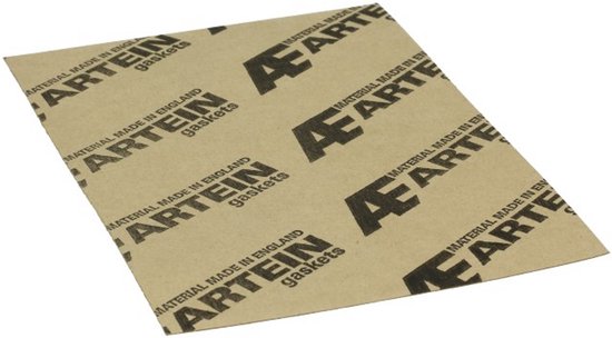 Bruin pakkingpapier met herhalende zwarte "ARTEIN gaskets" en "MATERIAL MADE IN ENGLAND" opdruk.