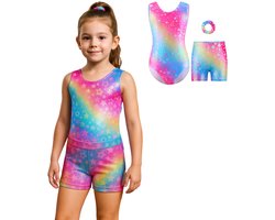 Joya Kids® Turnpakje Meisjes Metallic zonder Mouwen met Broekje en Scrunchie | Regenboog met Glitters en Sterren Print Ballet pakje | Gymnastiekpakje Zomer zonder Mouw | Turnen | Turn Pakje set | Maat 120