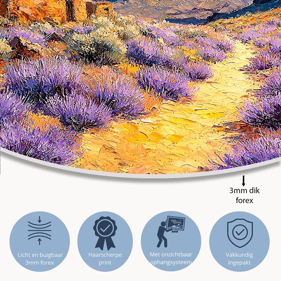 Lavendelvelden met bergen en huis - Landschap rond schilderij - Rond wandpaneel lavendel - Impressionisme - Forex kunstwerk cirkel - Klassiek geïnspireerde wanddecoratie - muurcirkel forex 100x100 cm