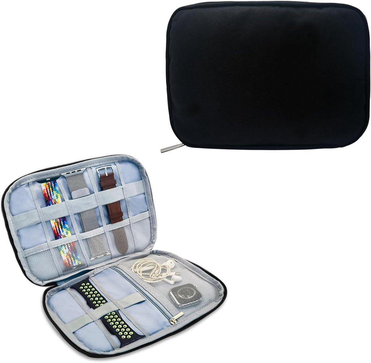 Allecto Plus - Waterdichte Oxford horlogeband opbergdoos met elastische ringen en netvak - Horlogebandhouder met ritssluiting - Zwart - Modern design - Organisator voor horlogebandjes
