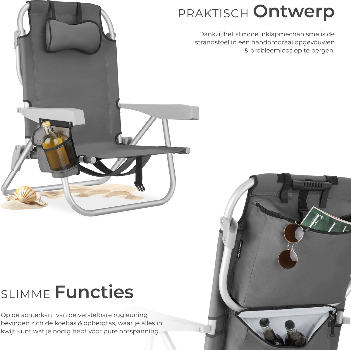 tectake® Strandstoel Coral - Opvouwbare Campingstoel met Koeltas en Opbergtas - 5-voudig Verstelbare Rugleuning met Hoofdkussen - Brede Armleuningen met Bekerhouder / Telefoonhouder - Inklapbare Kampeerstoel - Grijs — cadeau in Sport & Outdoor - foto 7