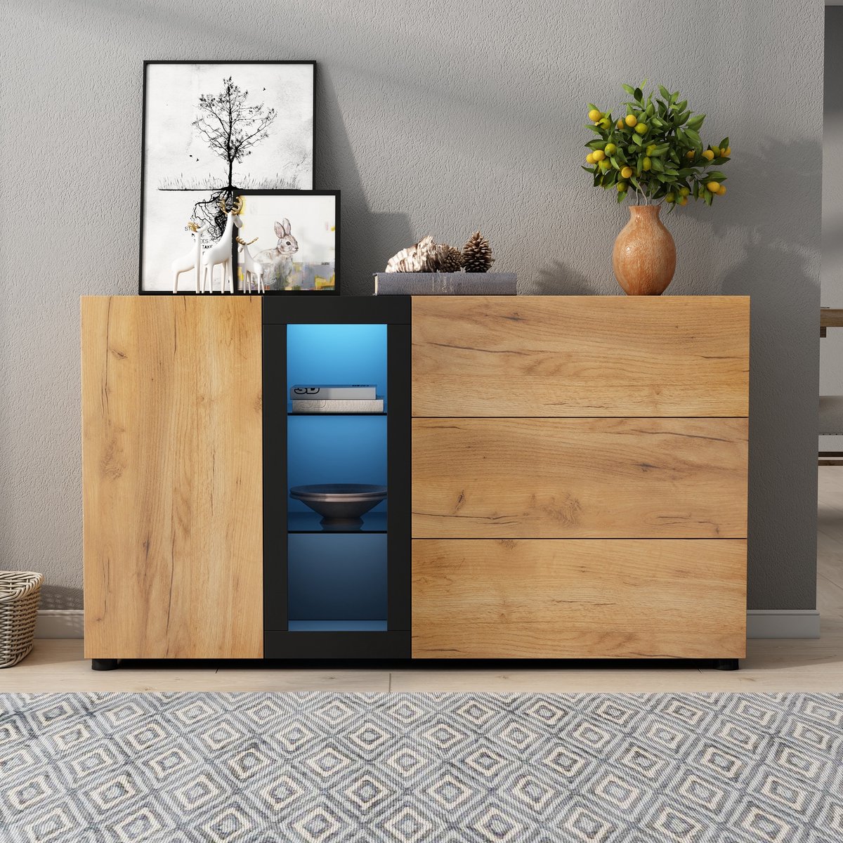 Sweiko Dressoir - met 3 lades - LED-verlichting - Glazen planken - opbergkast - Naturel + zwart