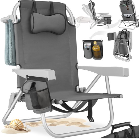 tectake® Strandstoelen Coral - Set van 2 Opvouwbare Campingstoelen met Koeltas en Opbergtas - 5-voudig Verstelbare Rugleuning met Hoofdkussen - Brede Armleuningen met Bekerhouder / Telefoonhouder - Inklapbare Kampeerstoel - Grijs