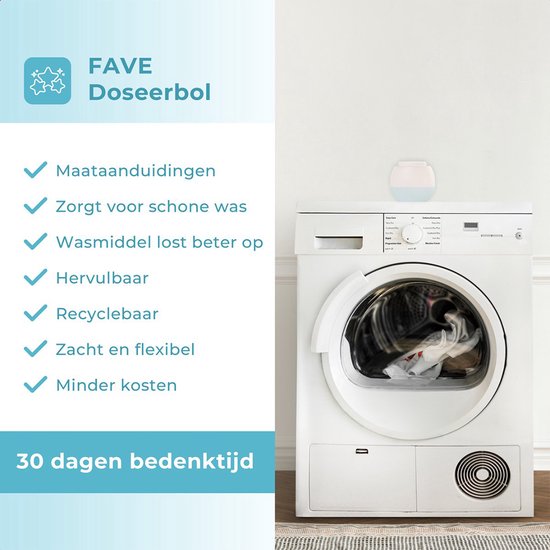 Doseur blanc avec capuchon bleu, placé sur une machine à laver.