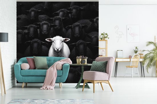 Behang - Fotobehang Schapen - Wit - Duisternis - Breedte 300 cm x hoogte 300 cm