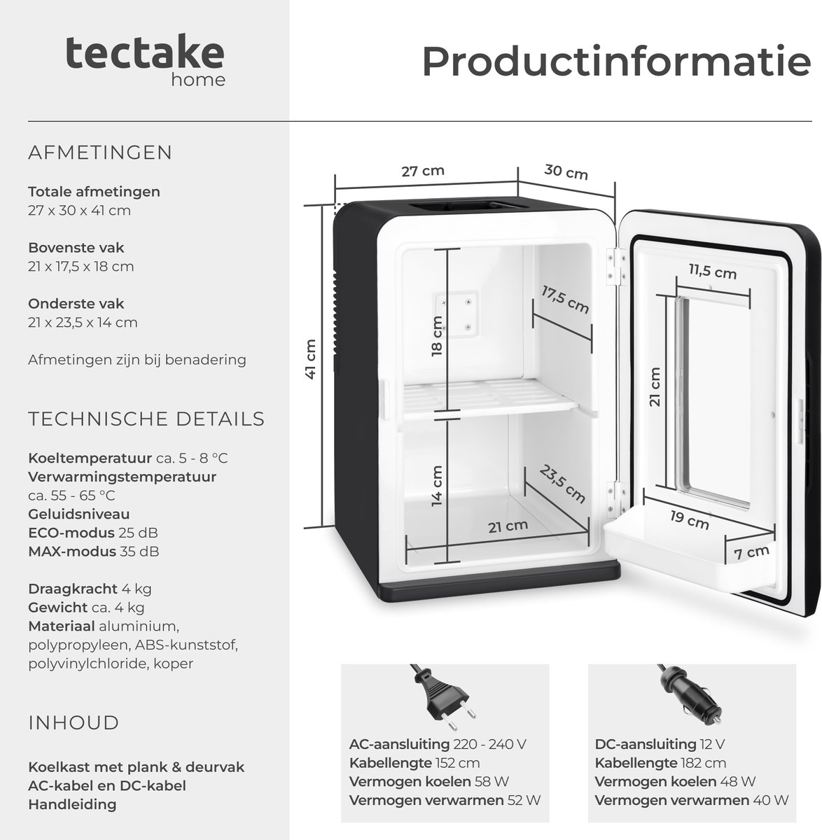 tectake® Mini-Autokoelkast - Draagbare minibar 14L - 2-in-1-functie: koelen en verwarmen - 5 tm 65 °C - Mini Koelkast - Elektrische Koelbox - 12v + 220/240v Aansluiting - Draagbare Campingkoelkast — afbeelding 2