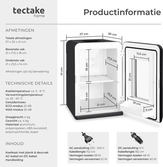 Afmetingen en technische details van de zwarte minikoelkast, met schema's en grafieken.