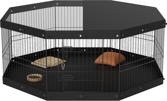 Zwarte, achthoekige hondenren van 63" breed en 24" hoog met mat, kussen en voerbak.