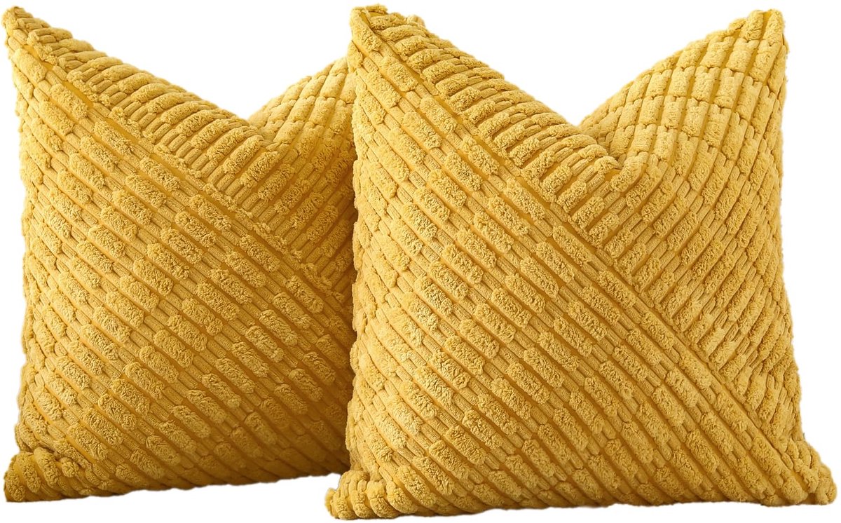 Ibenzoa Set van 2 decoratieve corduroy kussenslopen met modern patchwork design, 40 x 40 cm, mosterdgeel
