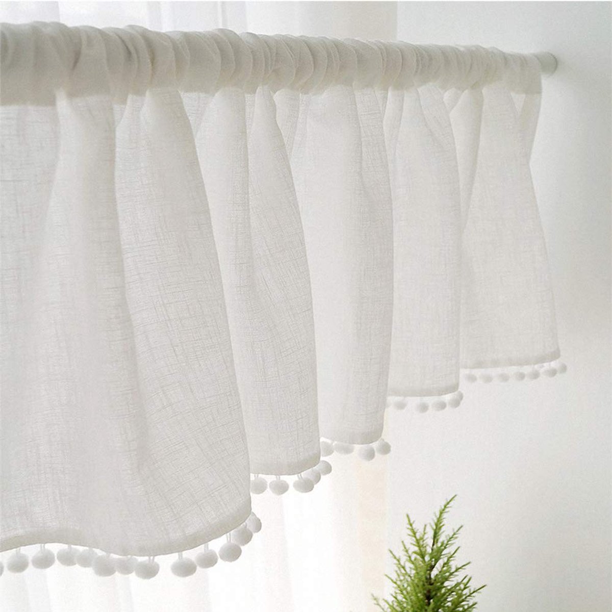 Ibenzoa Bistrogordijn in Landelijke Stijl met Sierbollen voor Keuken en Balkon (Wit, 45 x 132 cm)