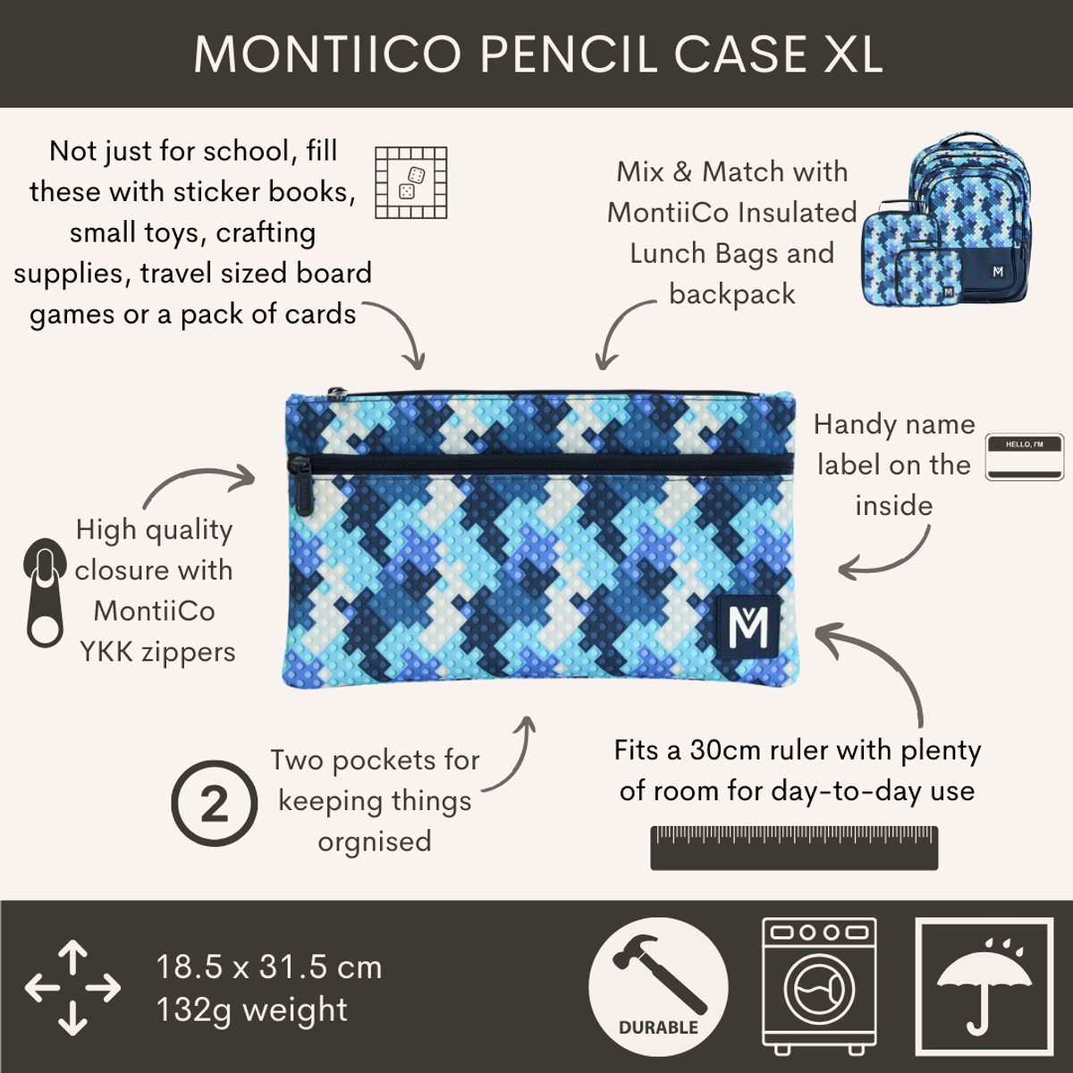MontiiCo Etui XL - 2 handige vakjes - wasmachinebestendig - Block Land