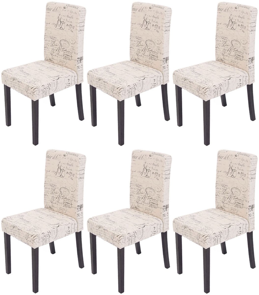 MCW Set van 6 eetkamerstoelen Keukenstoel Littau ~ textiel met belettering, crème, donkere poten