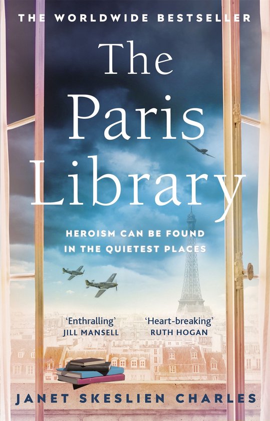 Boekcover van 'The Paris Library' met de Eiffeltoren en vliegtuigen. "Heroïsme kan gevonden worden op de stilste plekken."