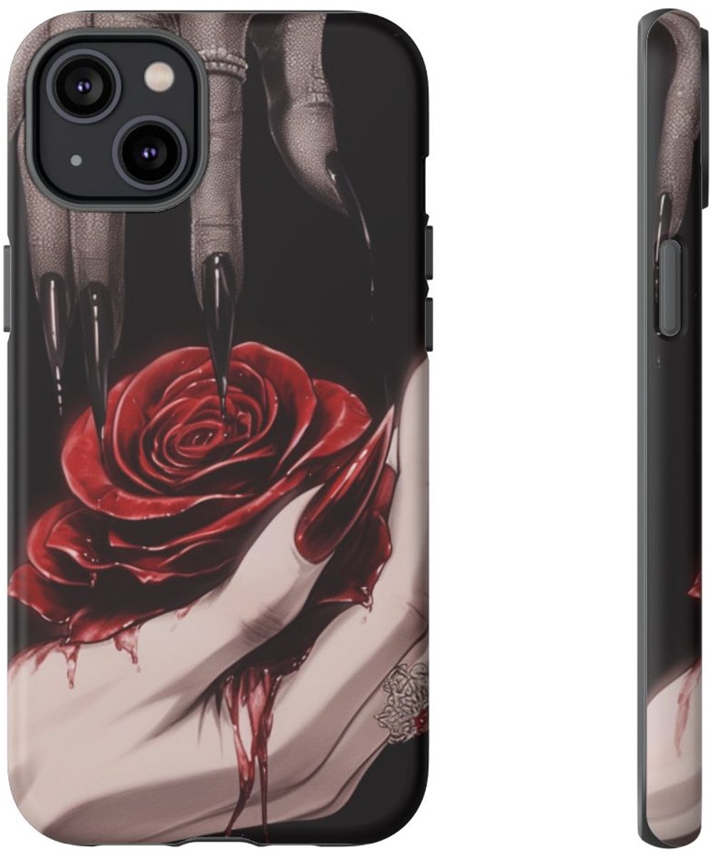 Donkere Gotische Handen met Bloedrode Roos – Telefoonhoesje Geschikt voor iPhone 14 Plus