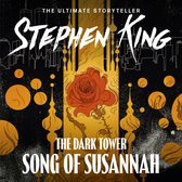 Stephen King - The Dark Tower: Song of Susannah. Een rode roos in een gele toren met oranje cirkels en een skyline op de achtergrond.