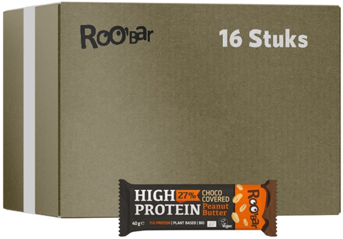 Roo'Bar | High Protein | Choco Covered | Peanut Butter Bar | 16 stuks | 16 x 40 gram